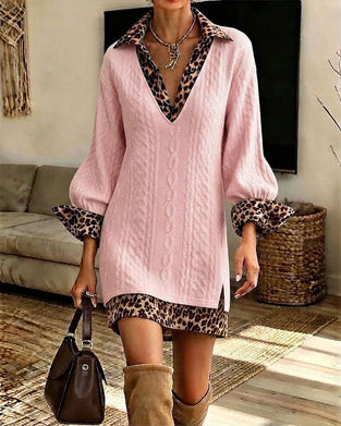 Lapel Leopard Fashion Slit Dress