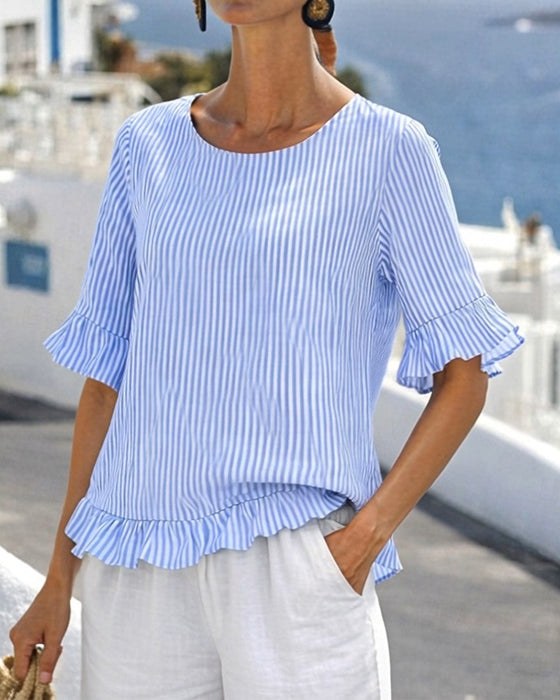 Striped Ruffled Mid-Sleeve Blouse