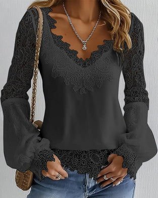 Patchwork Long-Sleeved V-Neck Top