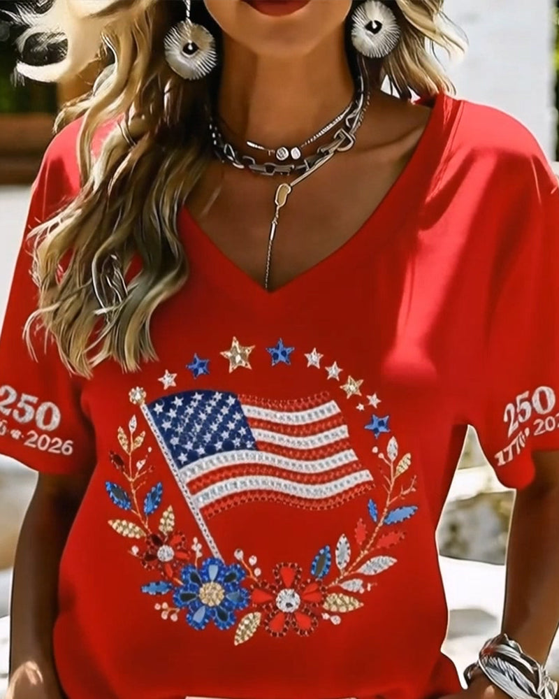 V-Neck Letter Floral Short Sleeve T-Shirt