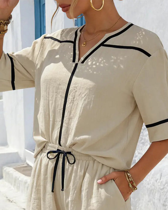 V-Neck Contrast Casual Loose Set