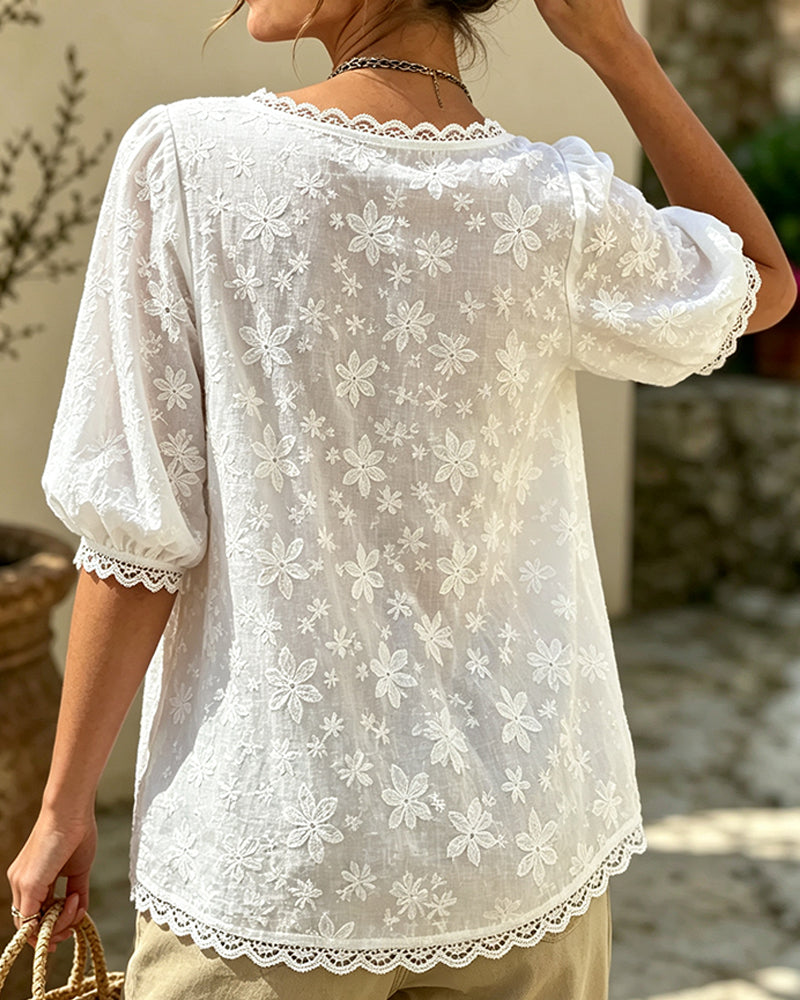 Square Neck Puff Sleeve Jacquard Blouse