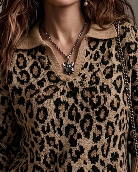 Lapel Leopard V-Neck Pullover