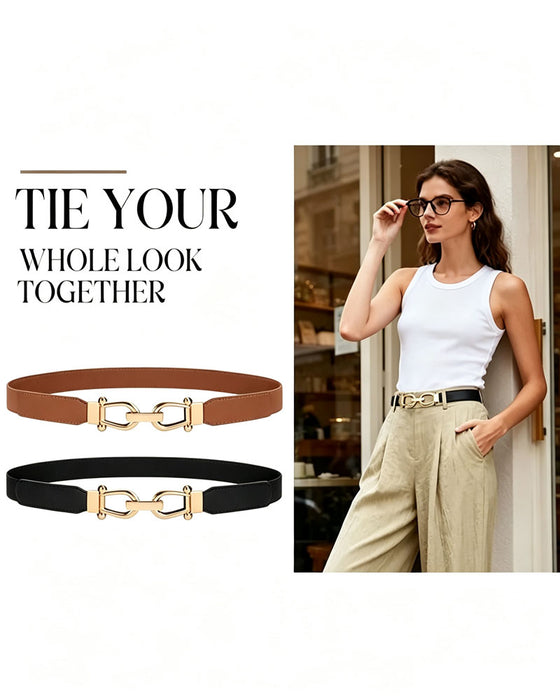 Women Stretchy Waist Belt Retro Elastic Skinny Belt for Ladies with Gold Buckle