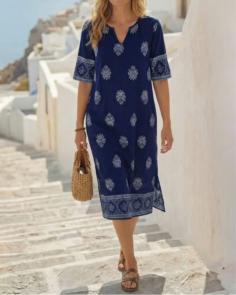 V-Neck Printed Straight Dress