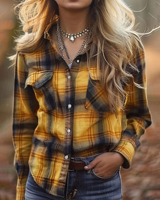 Casual Plaid Pocket Blouse