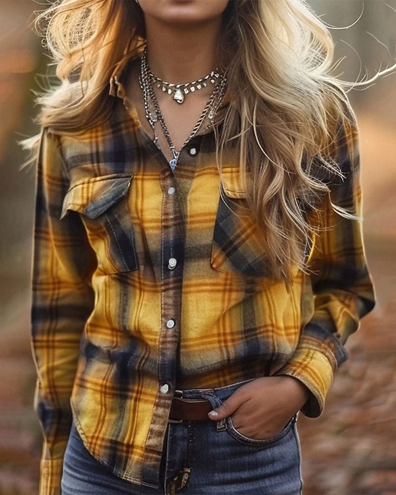Casual Plaid Pocket Blouse