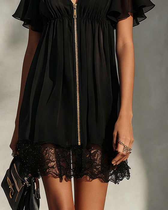 Ruffle Flare Sleeve Zipper Lace Dress