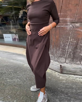 Simple solid color pocket long sleeve elegant dress