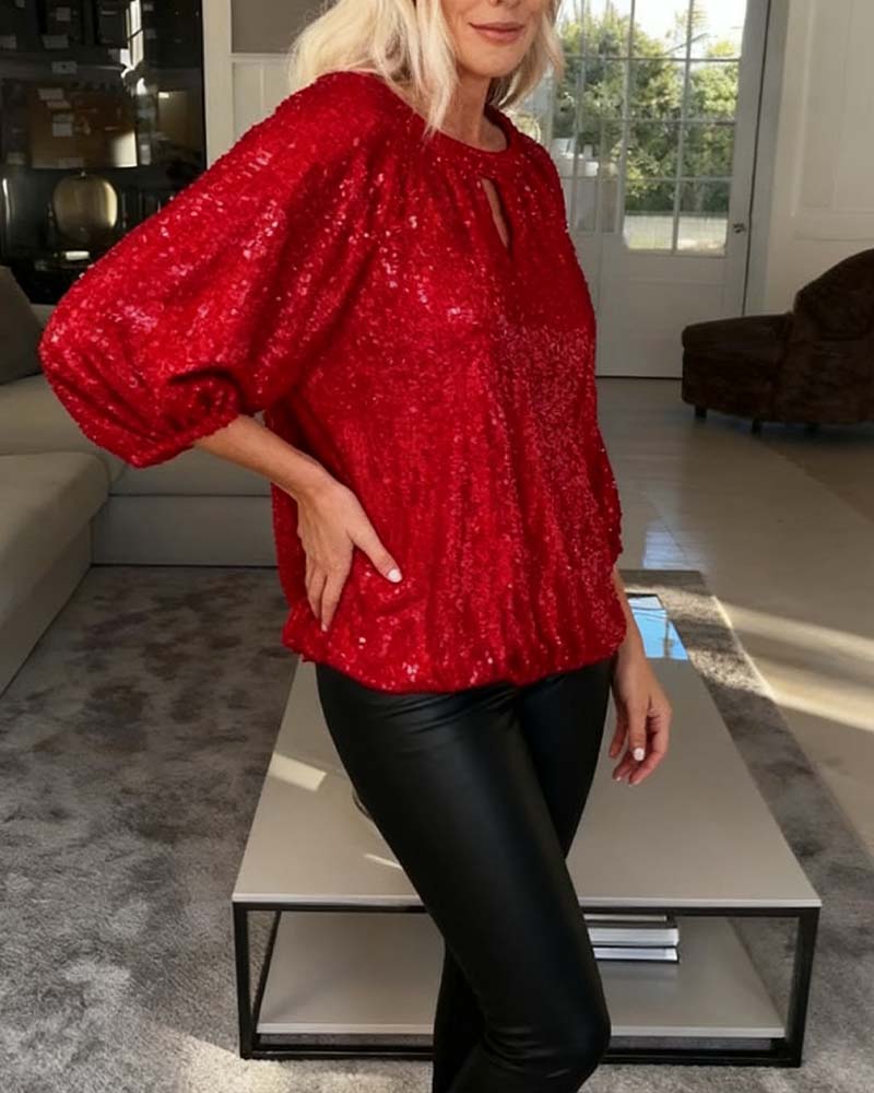 Sequined Loose Three-Quarter Sleeve Blouse