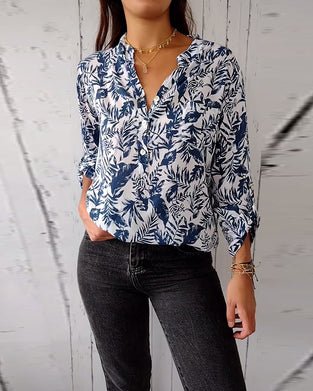 Leaf print V-neck buttoned nine-quarter sleeves casual blouse