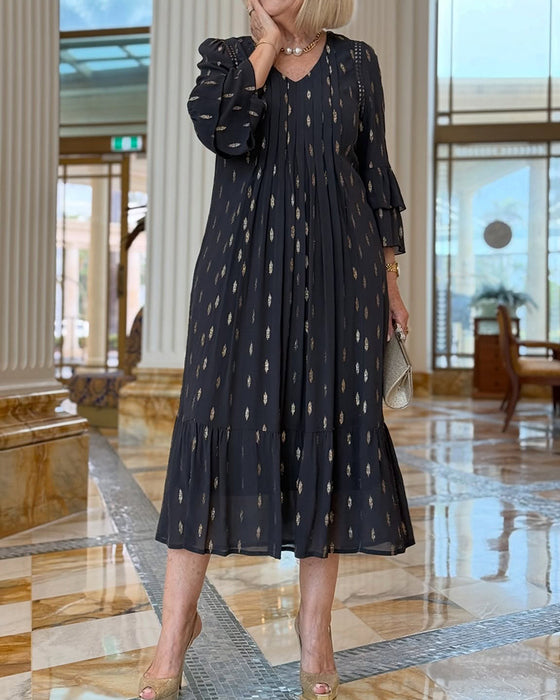 Lantern Sleeve V-Neck Print Dress
