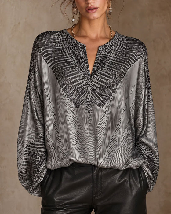 Patterned V-Neck Loose Blouse