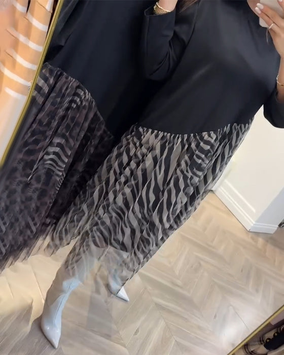 Round Neck Patchwork Mesh Print Dress