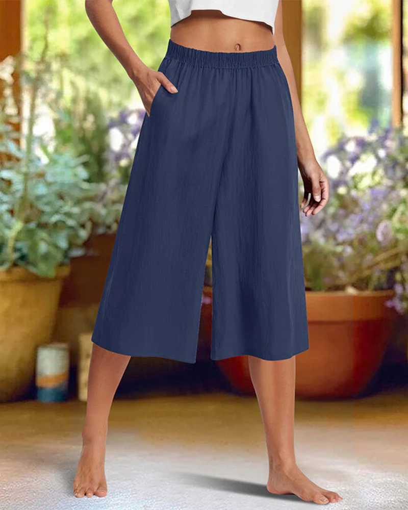 Elastic Waist Pocket Solid Casual Cropped Pant