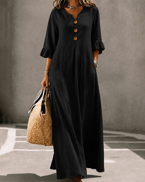 V-Neck Button Ruffle Full Skirt Dress