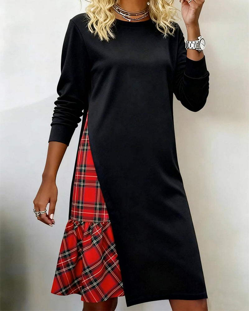 Long-Sleeved Plaid Patchwork Dress