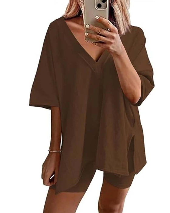 Solid Color V-Neck Sportswear Two-Piece Set