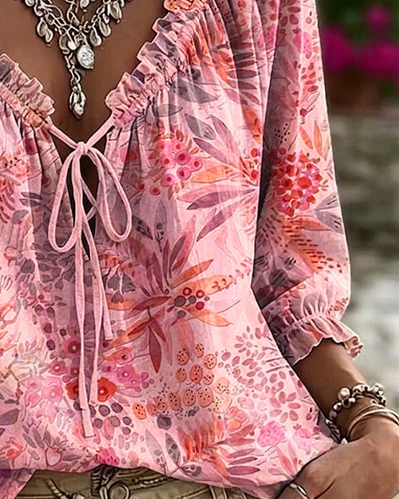 V-Neck Lace Up Blouse