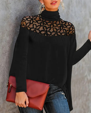 Turtleneck Lace Sheer Knit Top