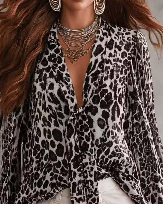 Sheer Leopard V‑Neck Long‑Sleeve Shirt