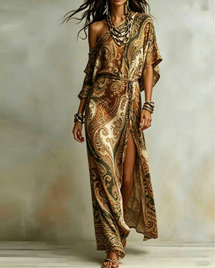 Paisley One-Shoulder Tie Slit Maxi Dress