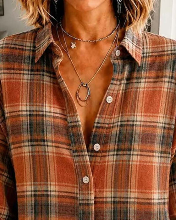 Lapel Checkered Long Sleeve Shirt