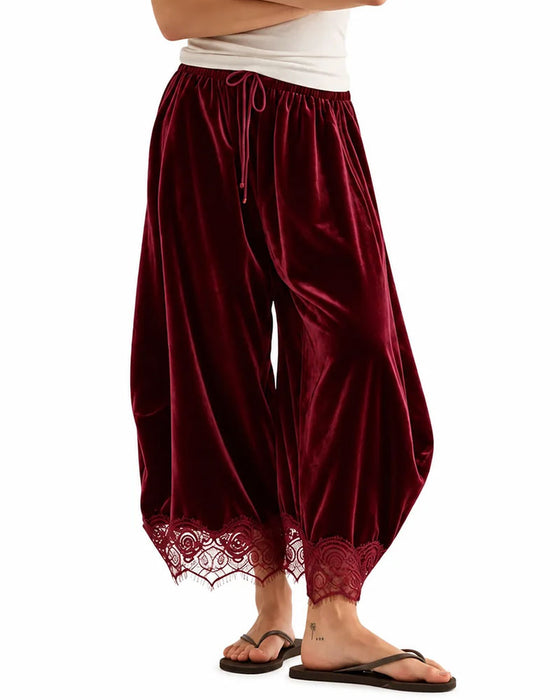 Elastic Waist Lace Stitching Wide Leg Pants