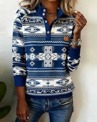 Leather Label Button Printed Sweatshirt