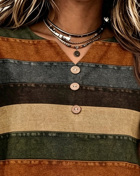 Button Patchwork Horizontal Stripe T-Shirt