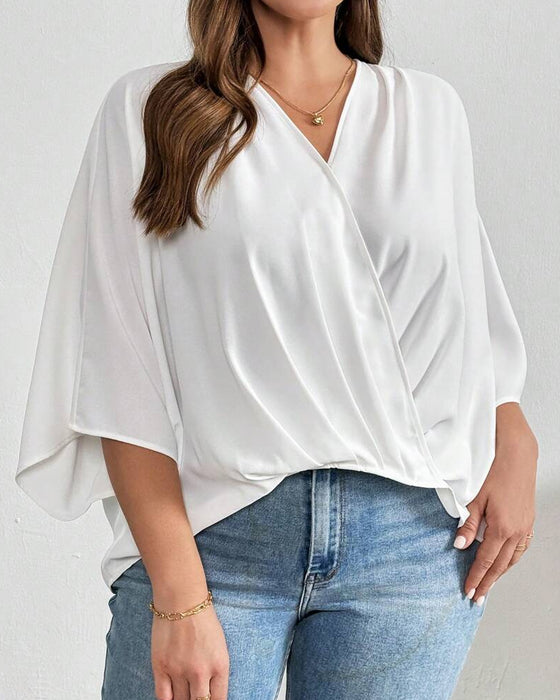V-Neck Cross Irregular Solid Blouse