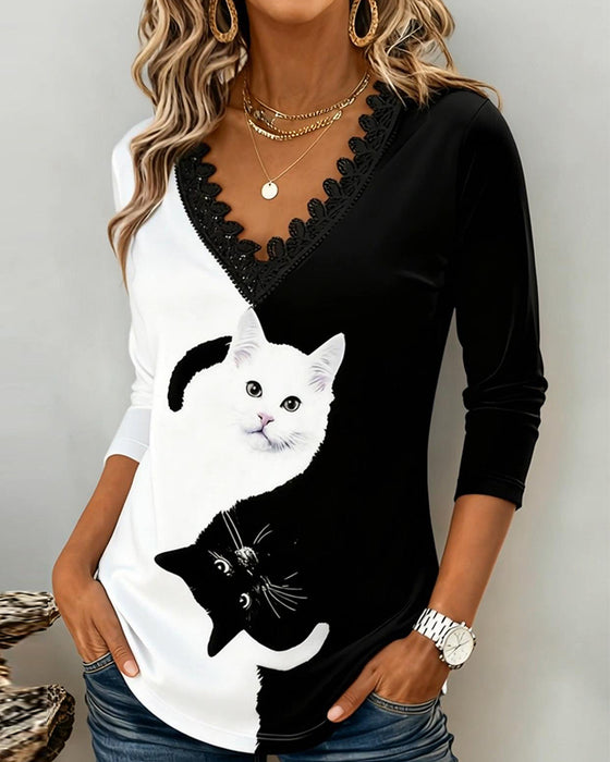 Long-Sleeved V-Neck Printed Top