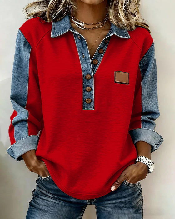 Stylish Denim Patchwork Long-Sleeved Sweatshirt