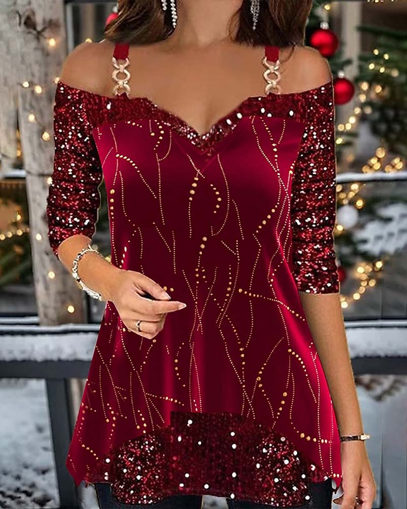Sequined Off-Shoulder Long-Sleeve Top