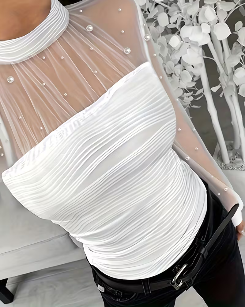 Mock Neck Smocked Sheer Blouse