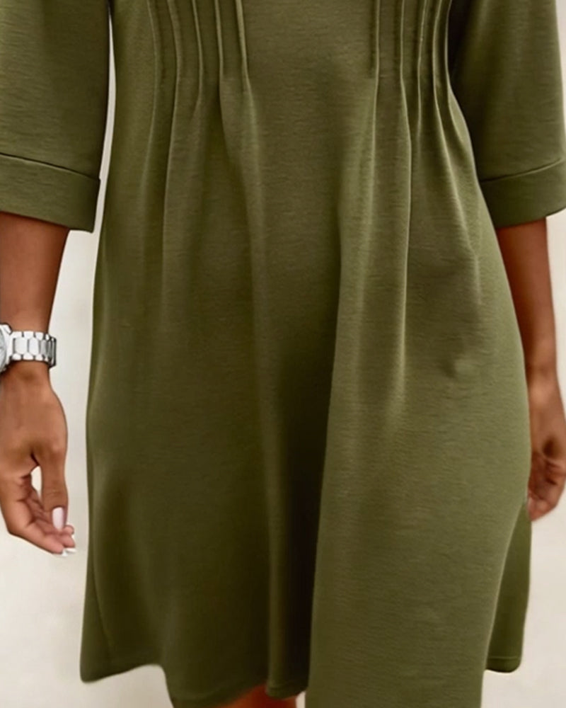Half-Sleeve Pleated A-Hem V-Neck Dress