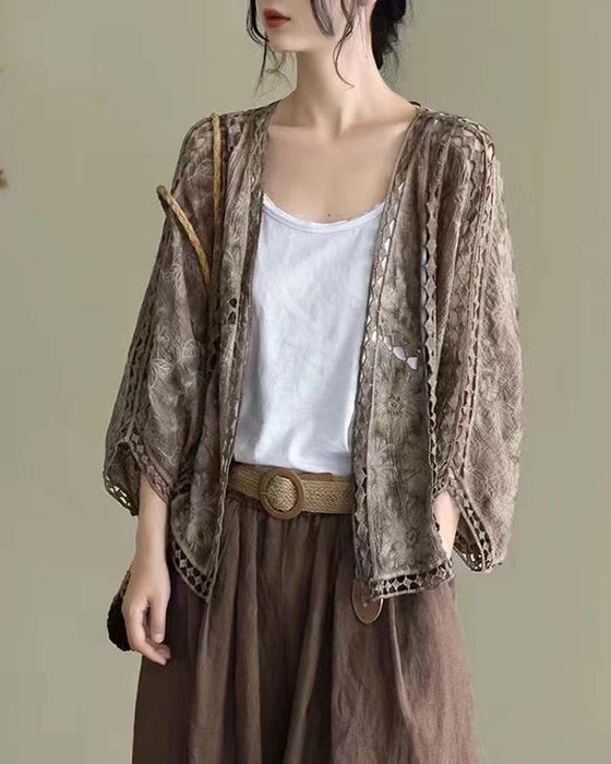 Solid Color Long Sleeve Hollow Out Cover Up