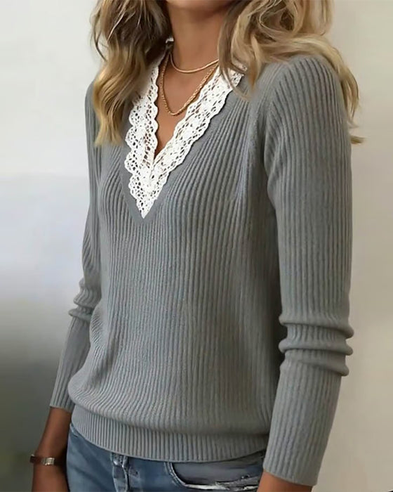 V-Neck Lace Panel Sweater