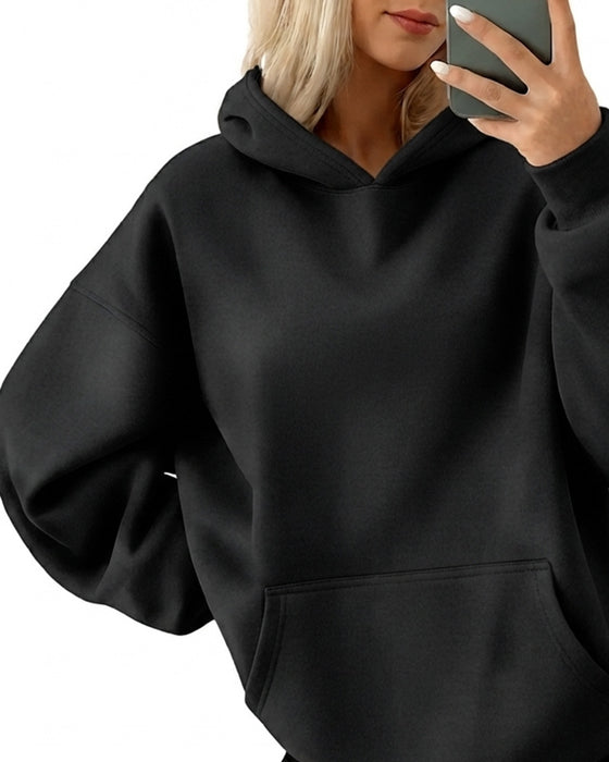 Hooded Pocket Solid Loose Hoodie