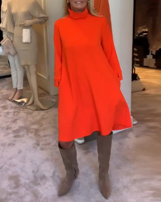 Solid color high collar casual dress