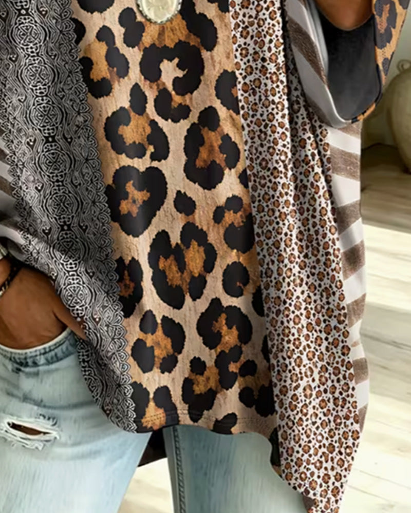 Leopard Print Patchwork V-Neck Casual Top
