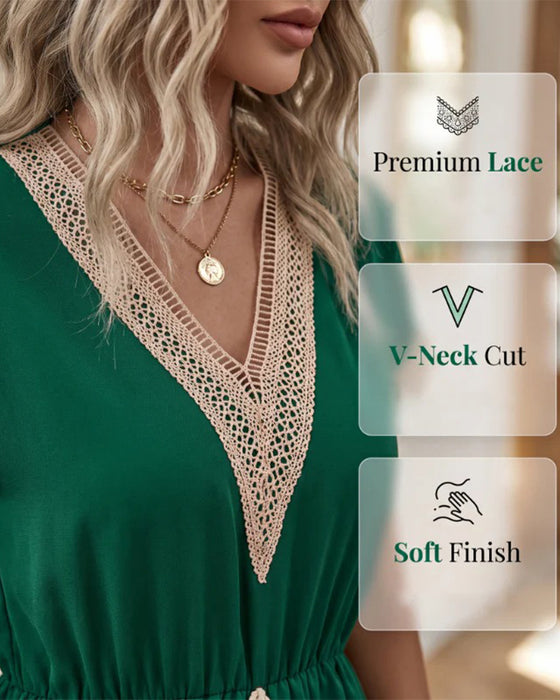 Spring-Fall V-Neck Lace Trim Fitted Waist Dress