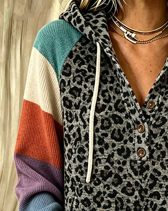 Leopard Color-Block Button Hoodie