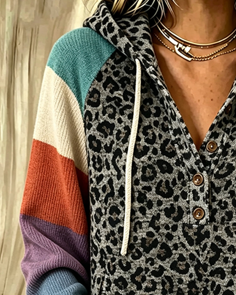 Leopard Color-Block Button Hoodie