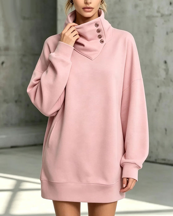 Turtleneck Diagonal Button Loose Fit Dress