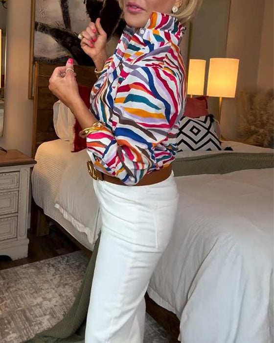 Lapel Long-Sleeved Colorful Floral Shirt
