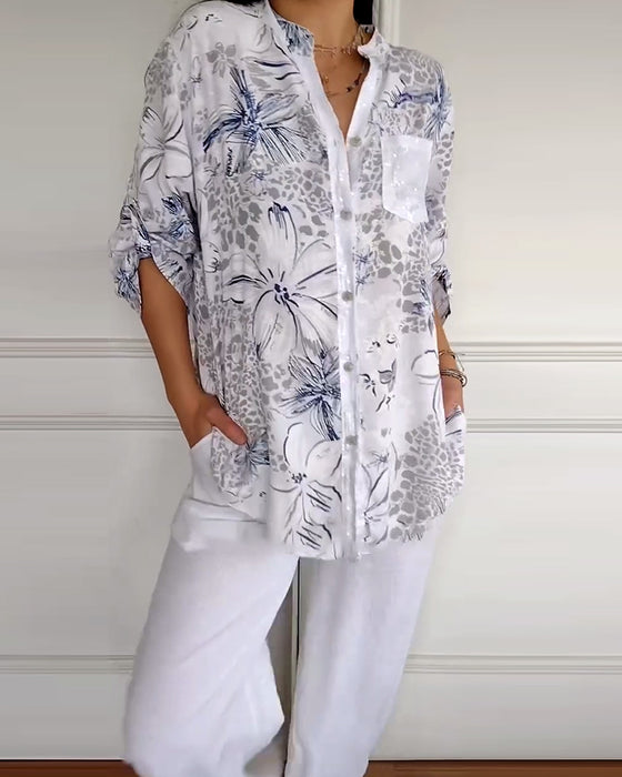 Stand Collar Printed Pocket Shirt