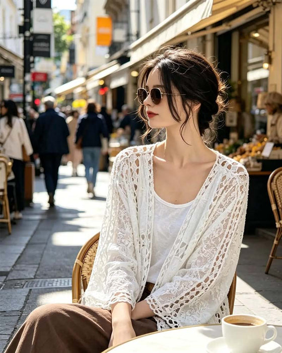 Solid Color Long Sleeve Hollow Out Cover Up