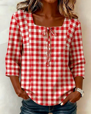 Plaid Square Neck Tie Three-Quarter Sleeve Blouse