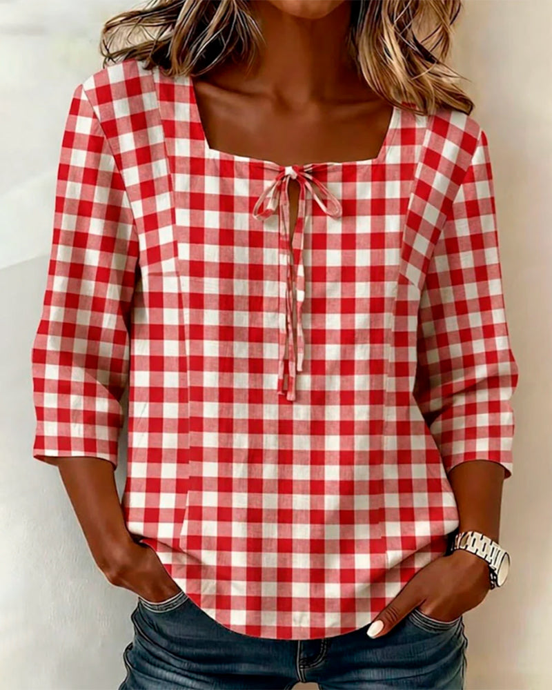 Plaid Square Neck Tie Three-Quarter Sleeve Blouse